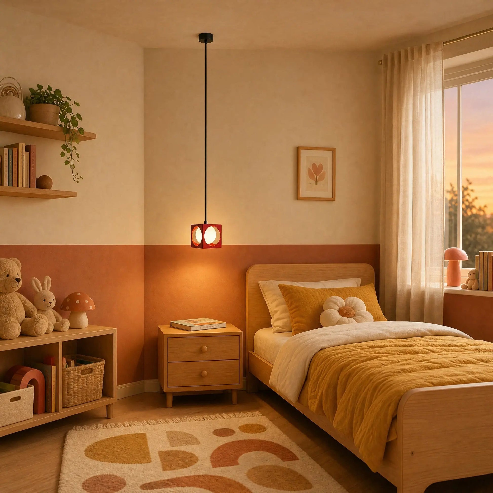 Asina red pendant light lit above a nightstand in a retro child's bedroom | Wickleigh