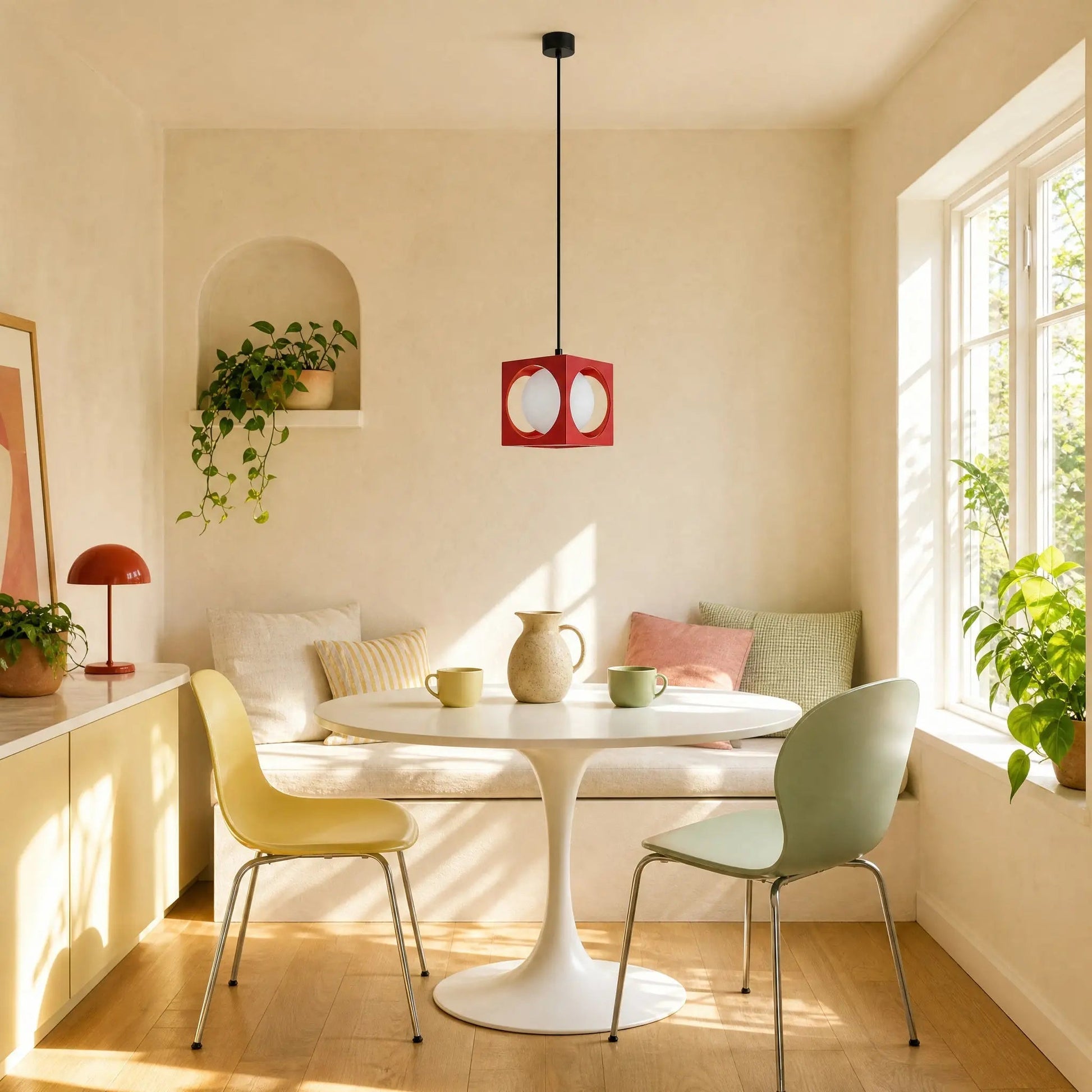 Asina red pendant light above a round table in a sunlit dining corner | Wickleigh