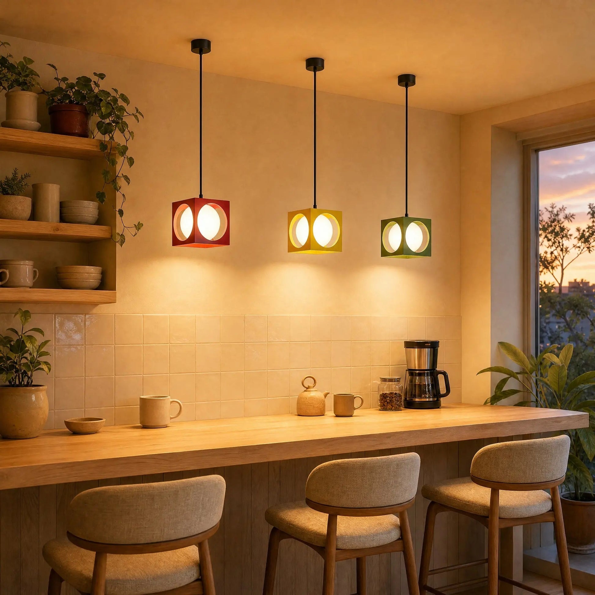 Three Asina pendant lights, red, yellow and olive green, lined up above a café counter | Wickleigh