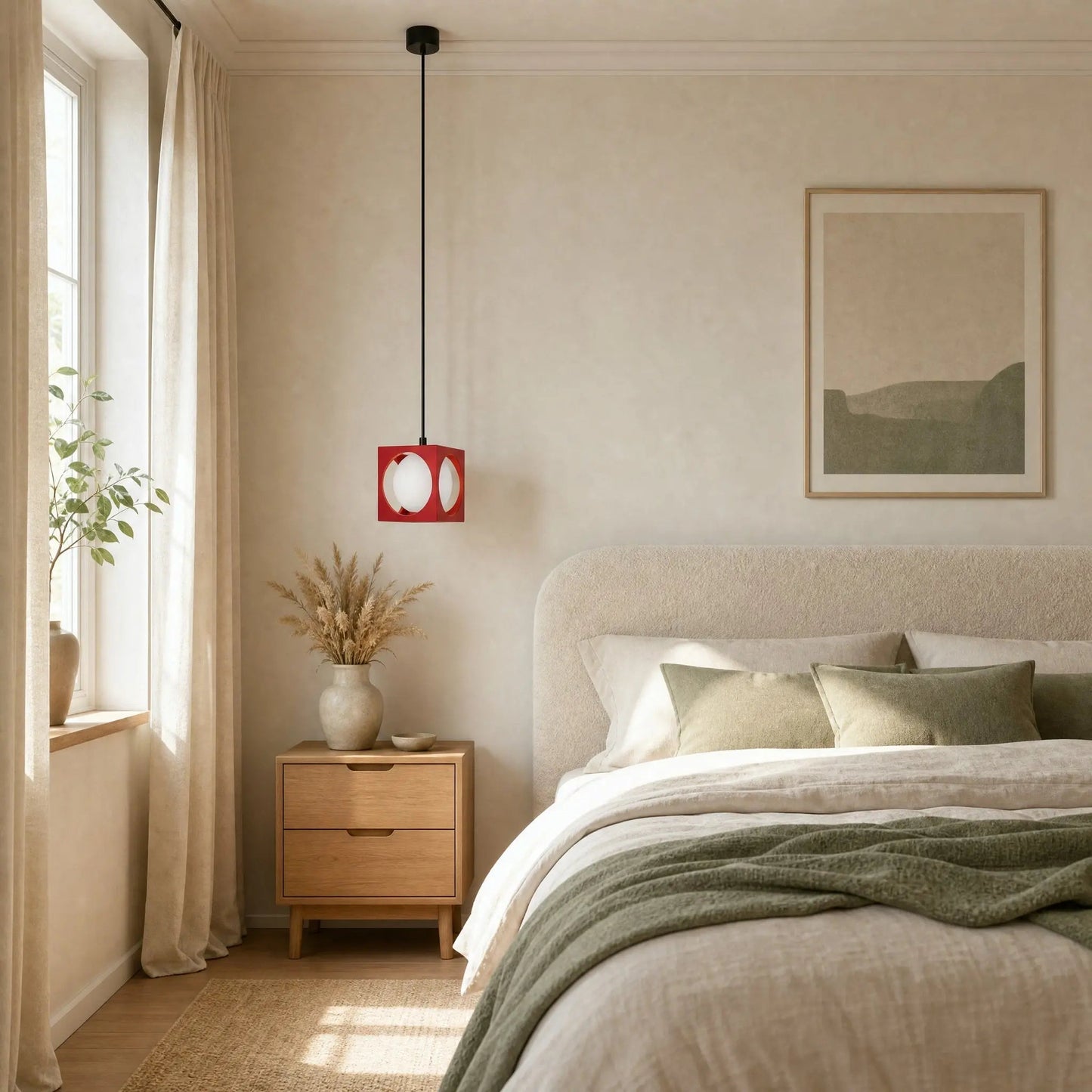 Asina red pendant light as an accent touch in a bedroom in ecru and sage tones | Wickleigh