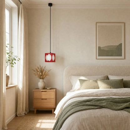 Asina red pendant light as an accent touch in a bedroom in ecru and sage tones | Wickleigh