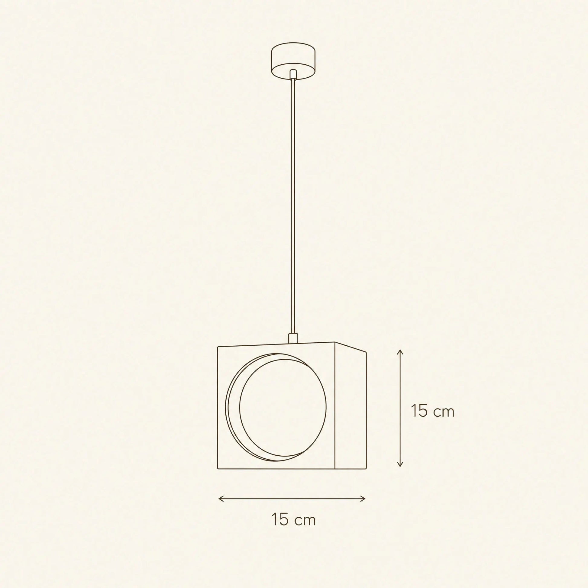 Dimension diagram of the Asina pendant light, 15cm cube | Wickleigh