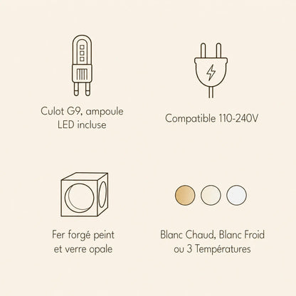 Specification chart of the Asina pendant light, G9 fitting, LED bulb included, 110-240V | Wickleigh
