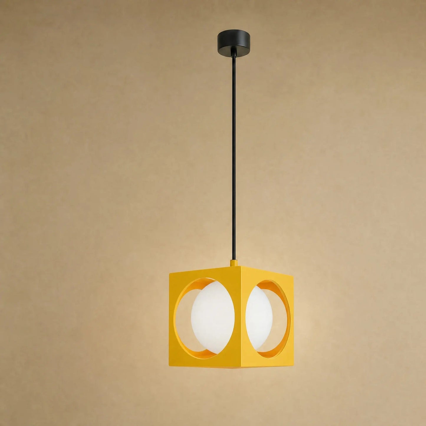 Asina colourful pendant light, yellow wrought iron cube and opal glass globe | Wickleigh