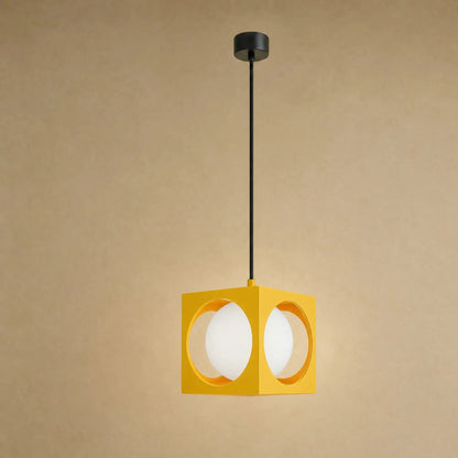 Asina colourful pendant light, yellow wrought iron cube and opal glass globe | Wickleigh