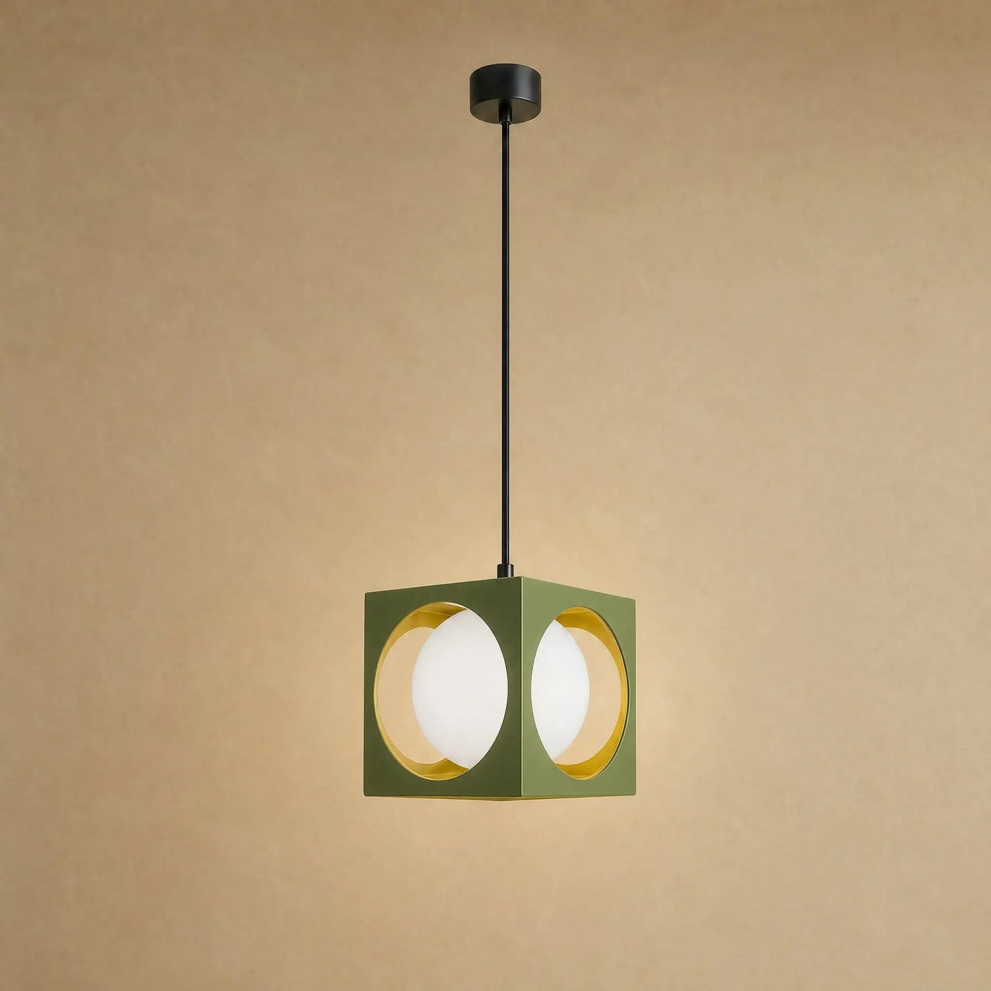 Asina colourful pendant light, olive green wrought iron cube and opal glass globe | Wickleigh