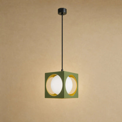 Asina colourful pendant light, olive green wrought iron cube and opal glass globe | Wickleigh