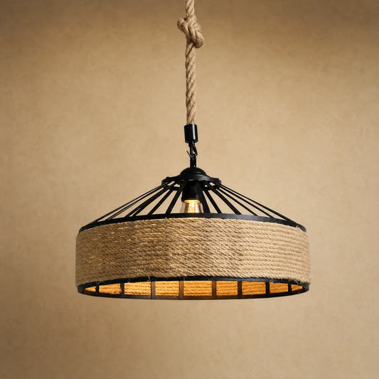 Ilsen rope pendant light, woven hemp drum and black iron, beige mineral backdrop | Wickleigh