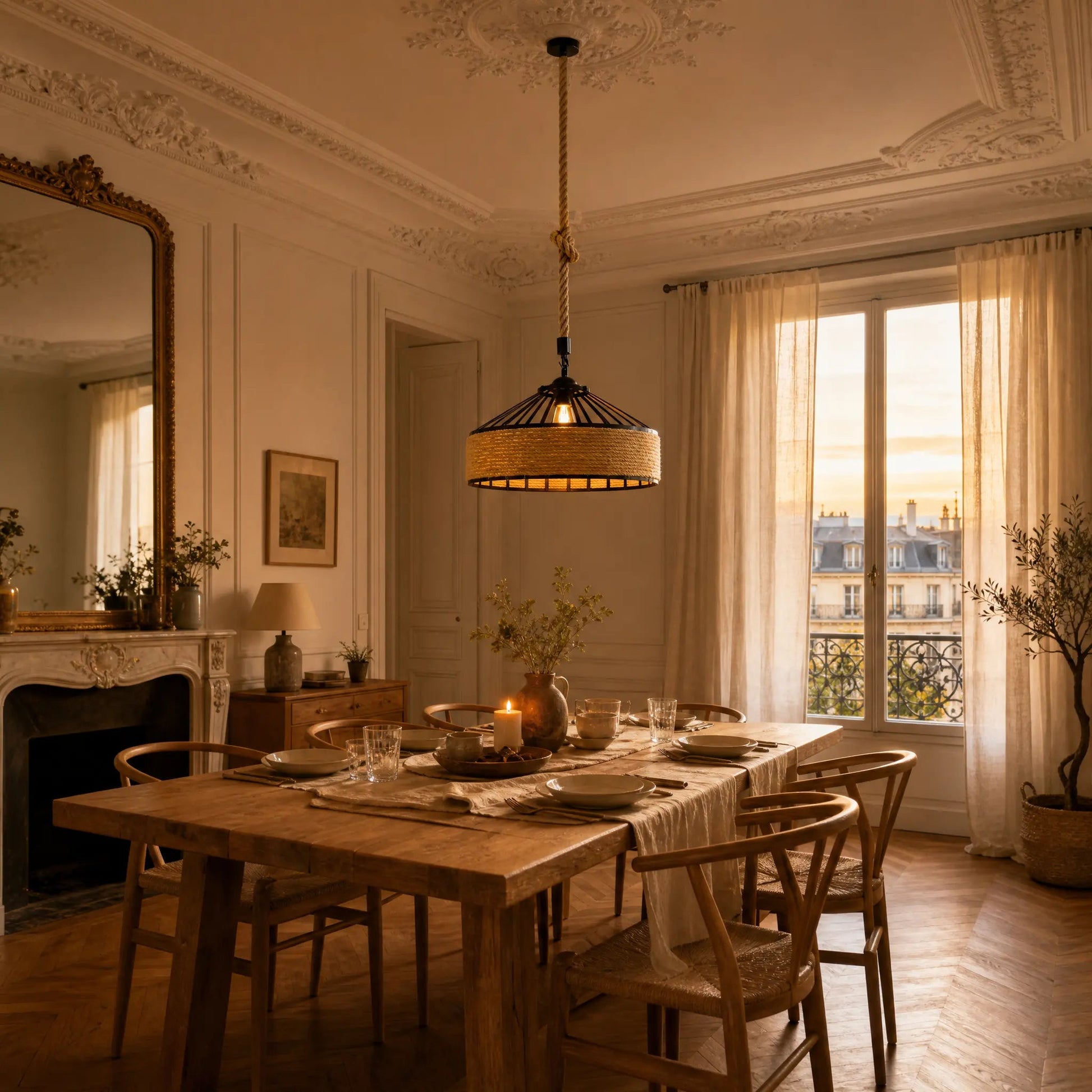 Ilsen rope pendant light lit above a dining table in a period sitting room | Wickleigh