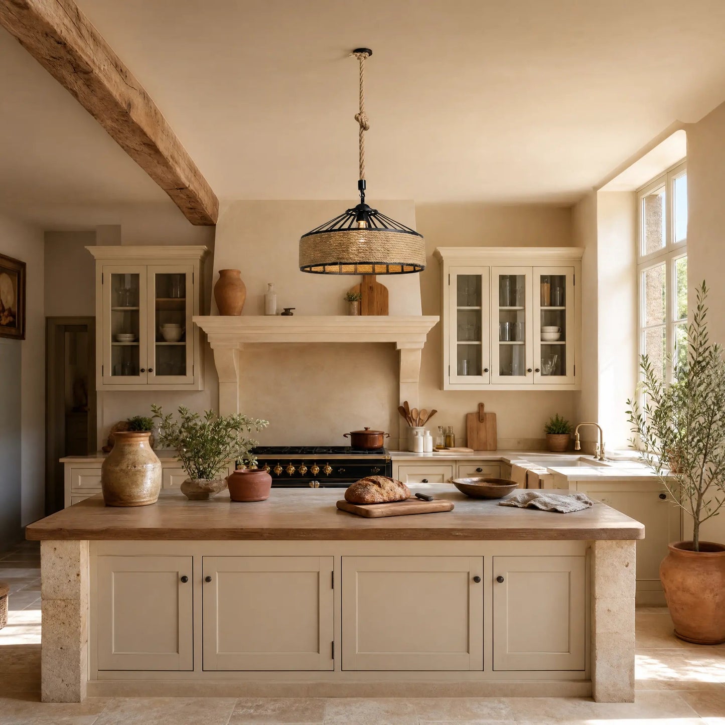 Ilsen rope pendant light above a pale stone kitchen island | Wickleigh