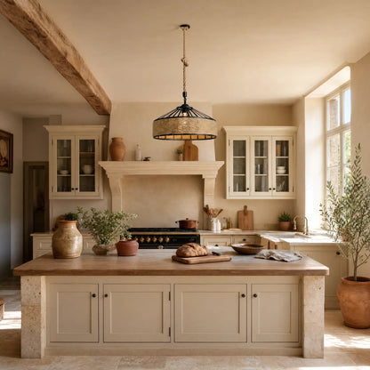 Ilsen rope pendant light above a pale stone kitchen island | Wickleigh