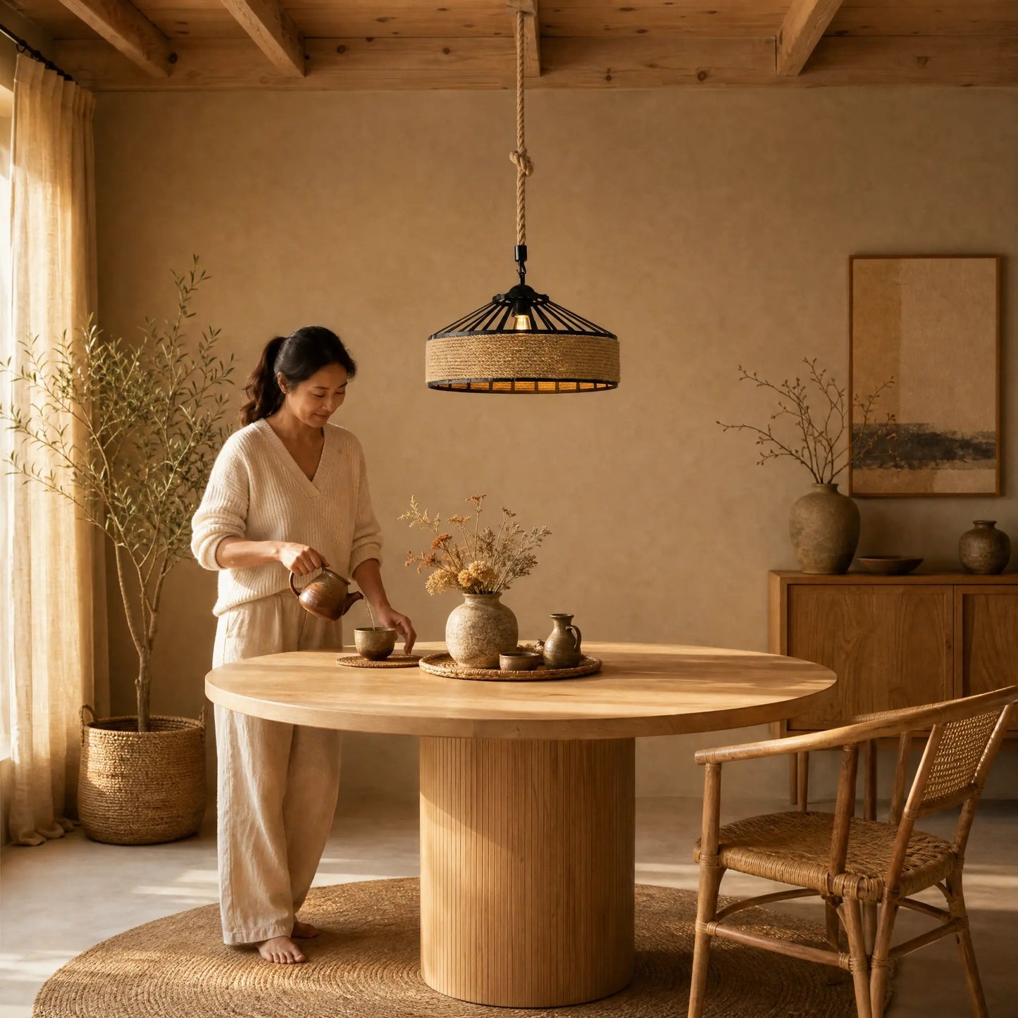 Ilsen rope pendant light in a Japandi dining corner at golden hour | Wickleigh
