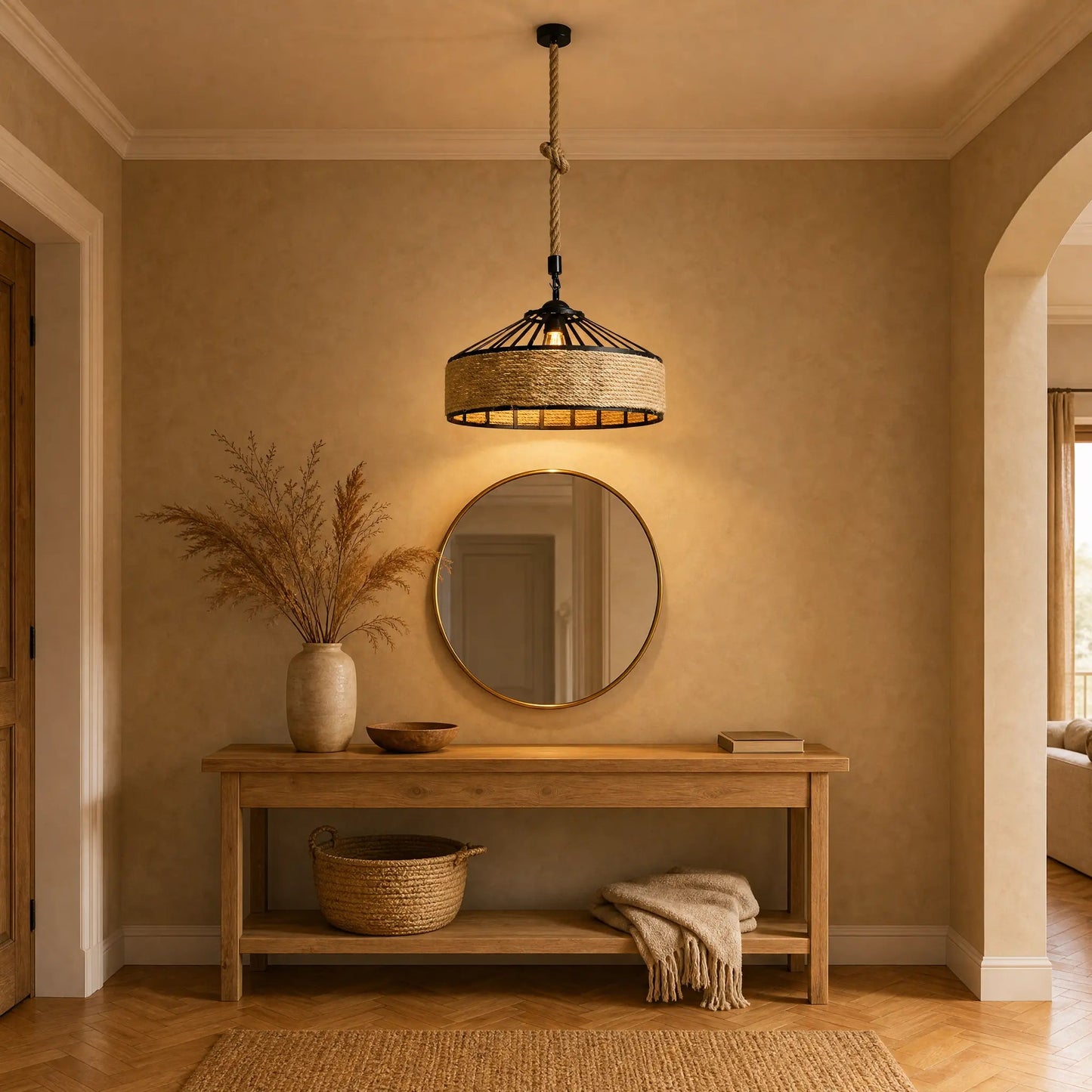 Ilsen rope pendant light in a hallway, golden halo over an oak console | Wickleigh