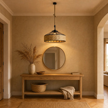 Ilsen rope pendant light in a hallway, golden halo over an oak console | Wickleigh