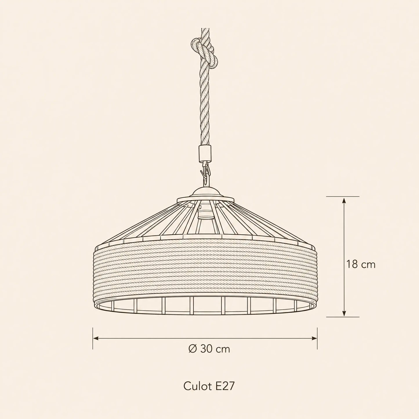 Dimension diagram of the Ilsen rope pendant light, Ø 30 cm and 18 cm high | Wickleigh