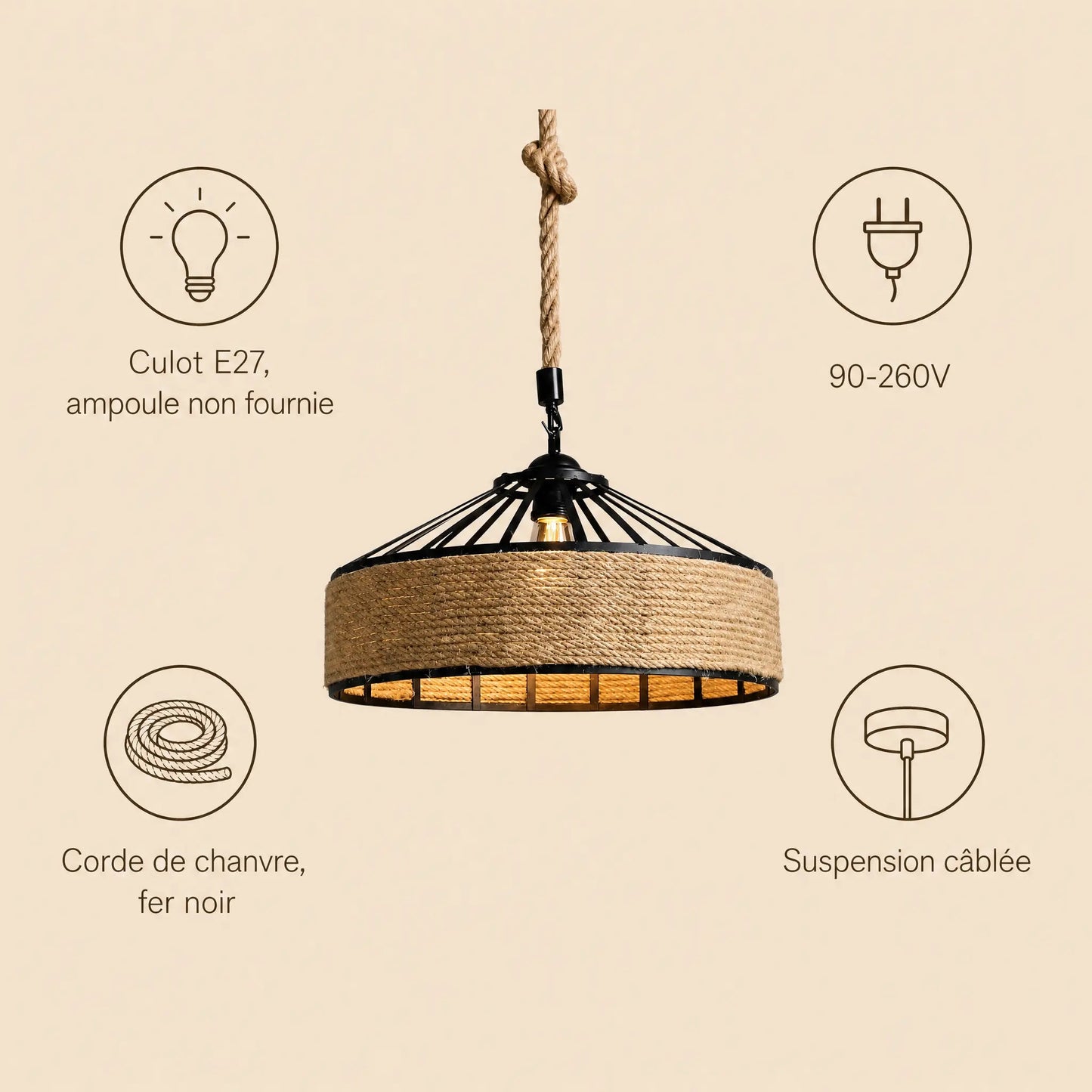 Specification chart of the Ilsen rope pendant light: E27 fitting, 90-260V, hemp and black iron | Wickleigh
