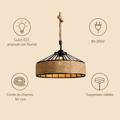 Specification chart of the Ilsen rope pendant light: E27 fitting, 90-260V, hemp and black iron | Wickleigh