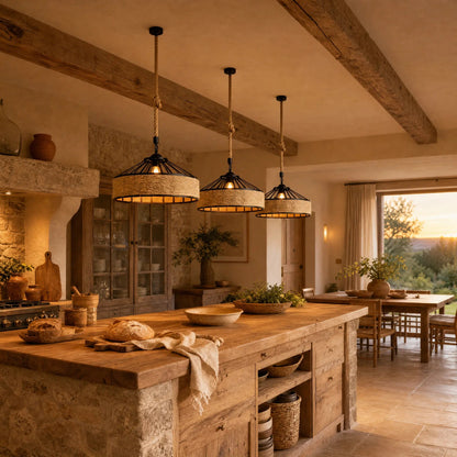Three Ilsen rope pendant lights lined up above a long farmhouse kitchen island | Wickleigh