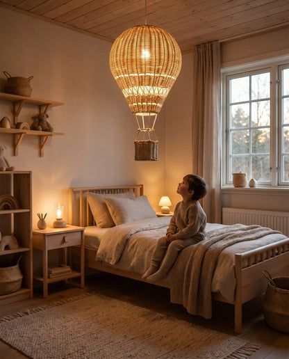 Child under the lit Velna rattan hot air balloon pendant light | Wickleigh