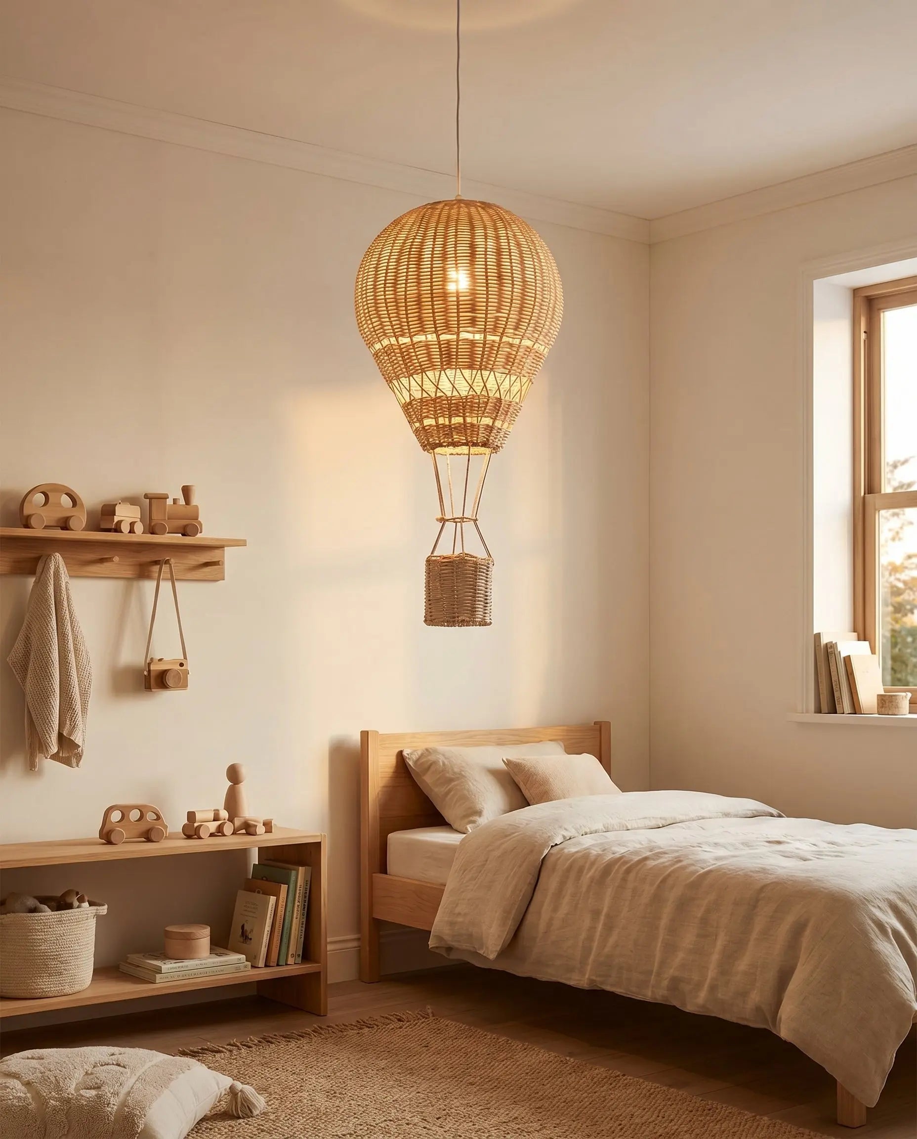 Velna rattan hot air balloon pendant light hanging in a cosy bedroom at night | Wickleigh