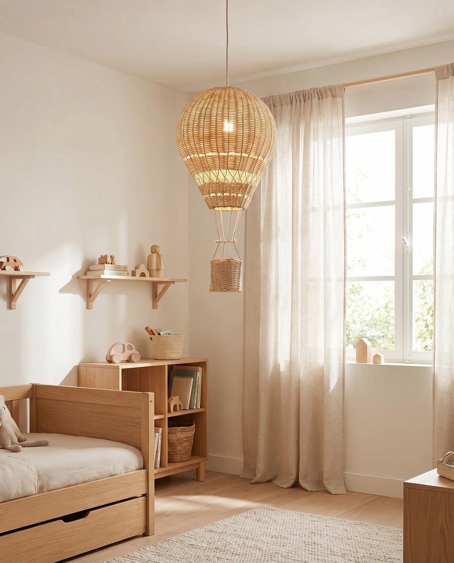 Velna rattan hot air balloon pendant light hanging in a bright bedroom by day | Wickleigh