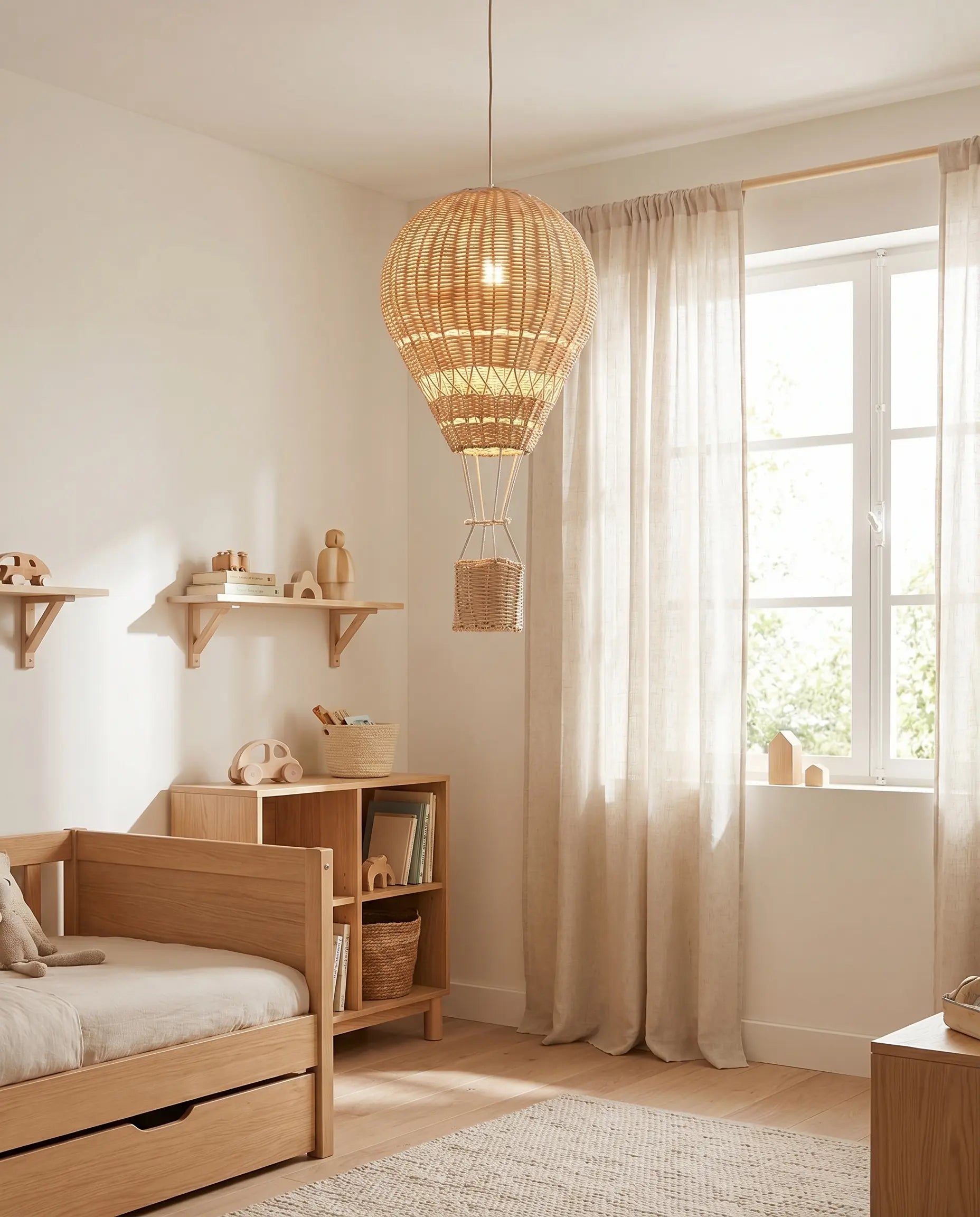 Velna rattan hot air balloon pendant light hanging in a bright bedroom by day | Wickleigh