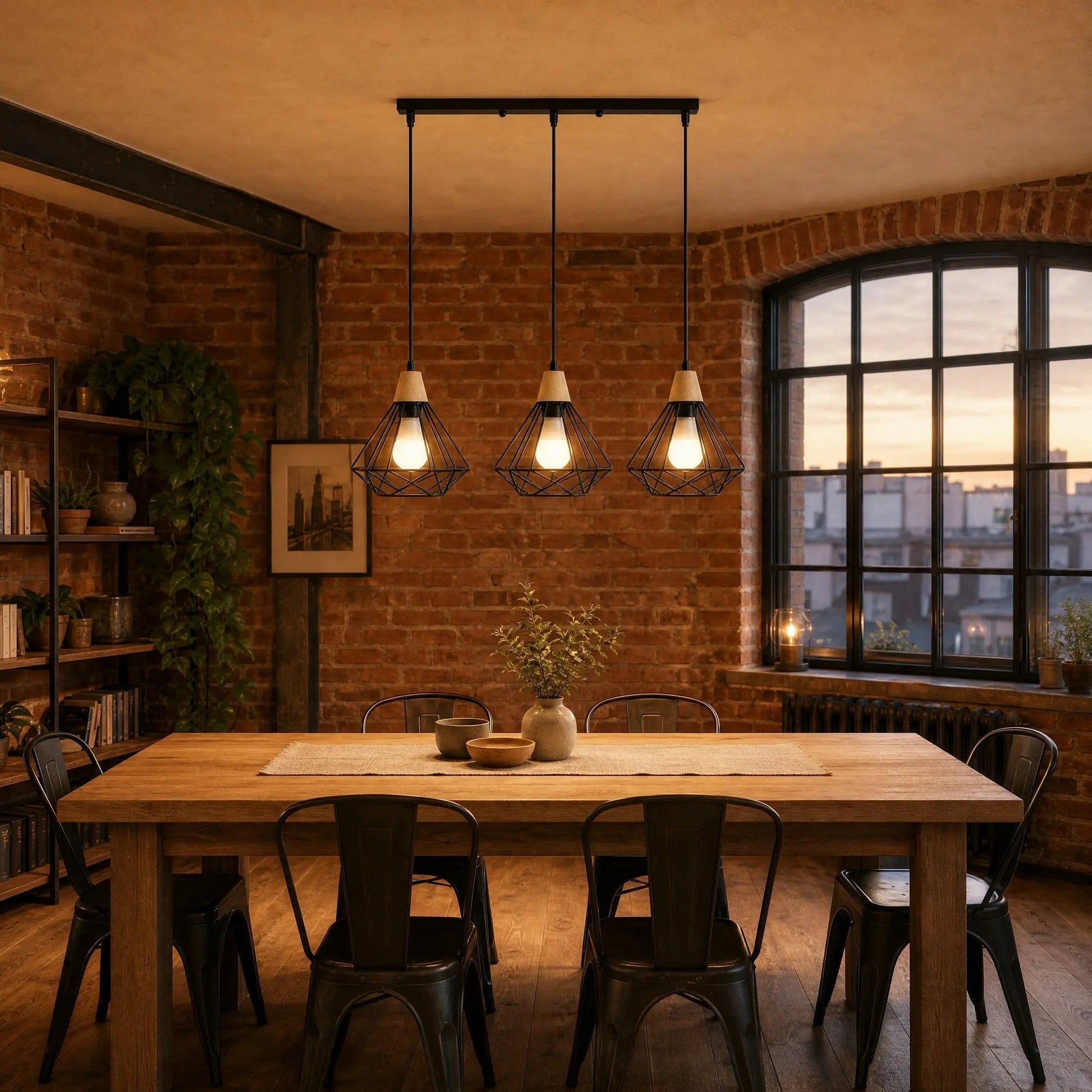 Fyrra diamond cage pendant light, three heads aligned, above a table in an industrial loft at dusk | Wickleigh