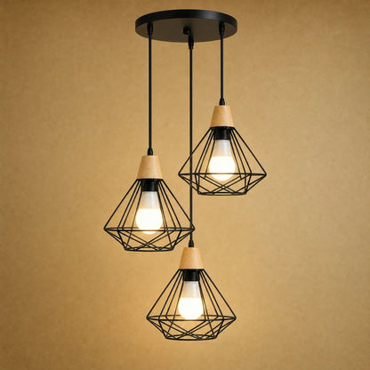 Fyrra industrial pendant light, three heads clustered, iron and wood diamond cages on a round plate | Wickleigh