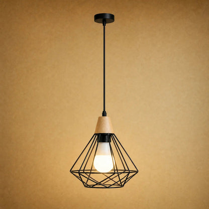 Fyrra industrial pendant light, single head, black iron diamond cage and light wood cap | Wickleigh