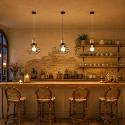 Three separate Fyrra diamond cage pendant lights above a tea room counter | Wickleigh