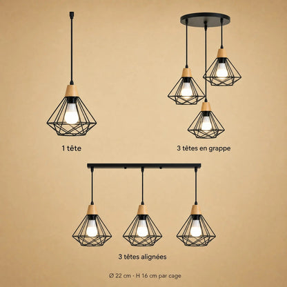 The three configurations of the Fyrra pendant light: single head, three heads aligned, three heads clustered | Wickleigh