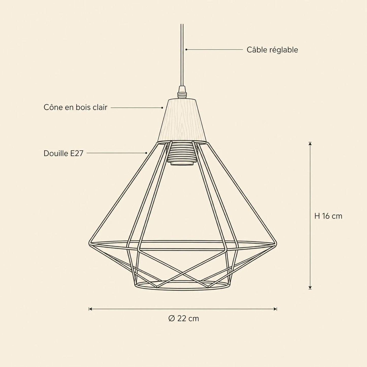 Dimensions of the Fyrra pendant light: cage Ø 22 cm and H 16 cm, E27 socket | Wickleigh