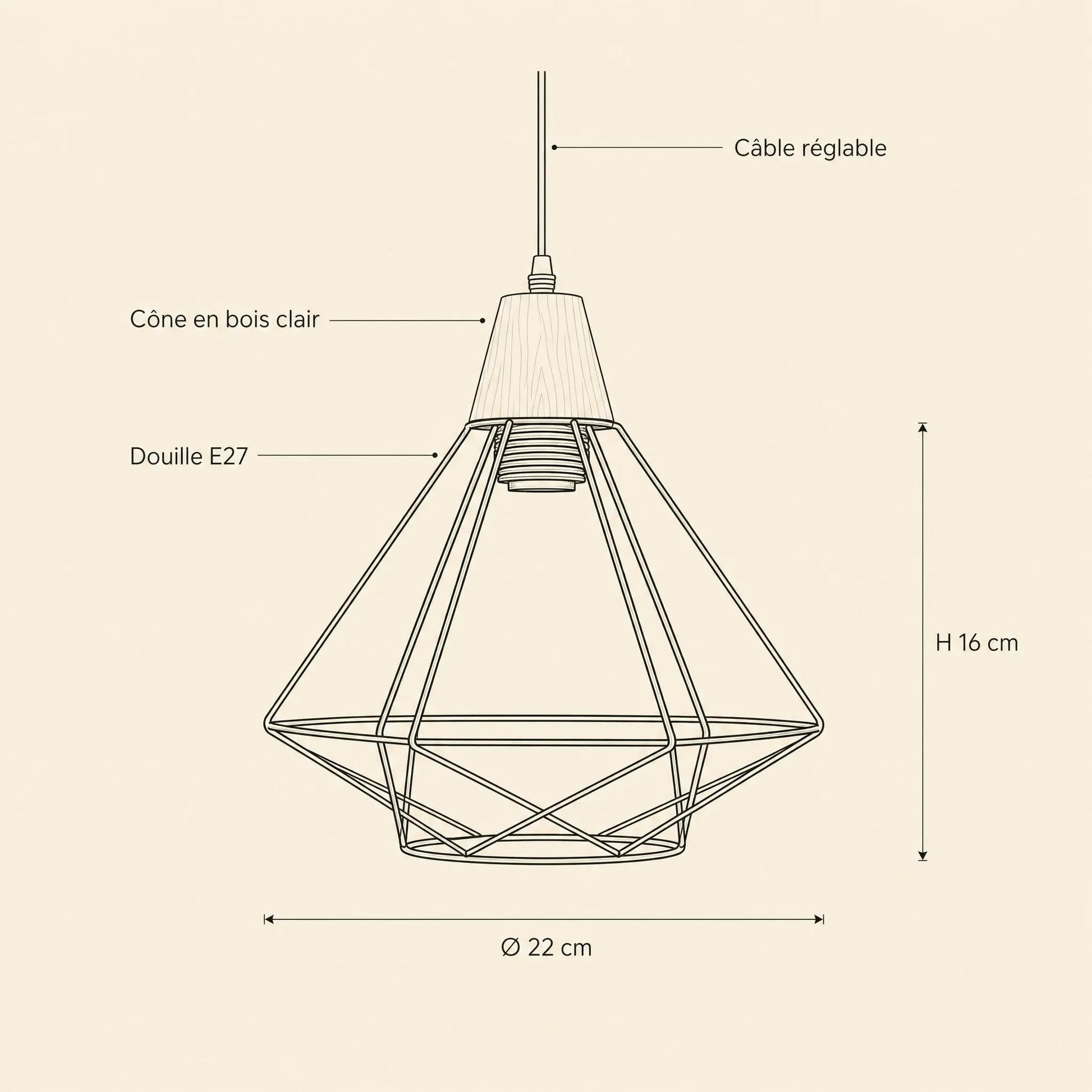 Dimensions of the Fyrra pendant light: cage Ø 22 cm and H 16 cm, E27 socket | Wickleigh