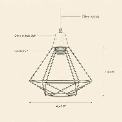 Dimensions of the Fyrra pendant light: cage Ø 22 cm and H 16 cm, E27 socket | Wickleigh