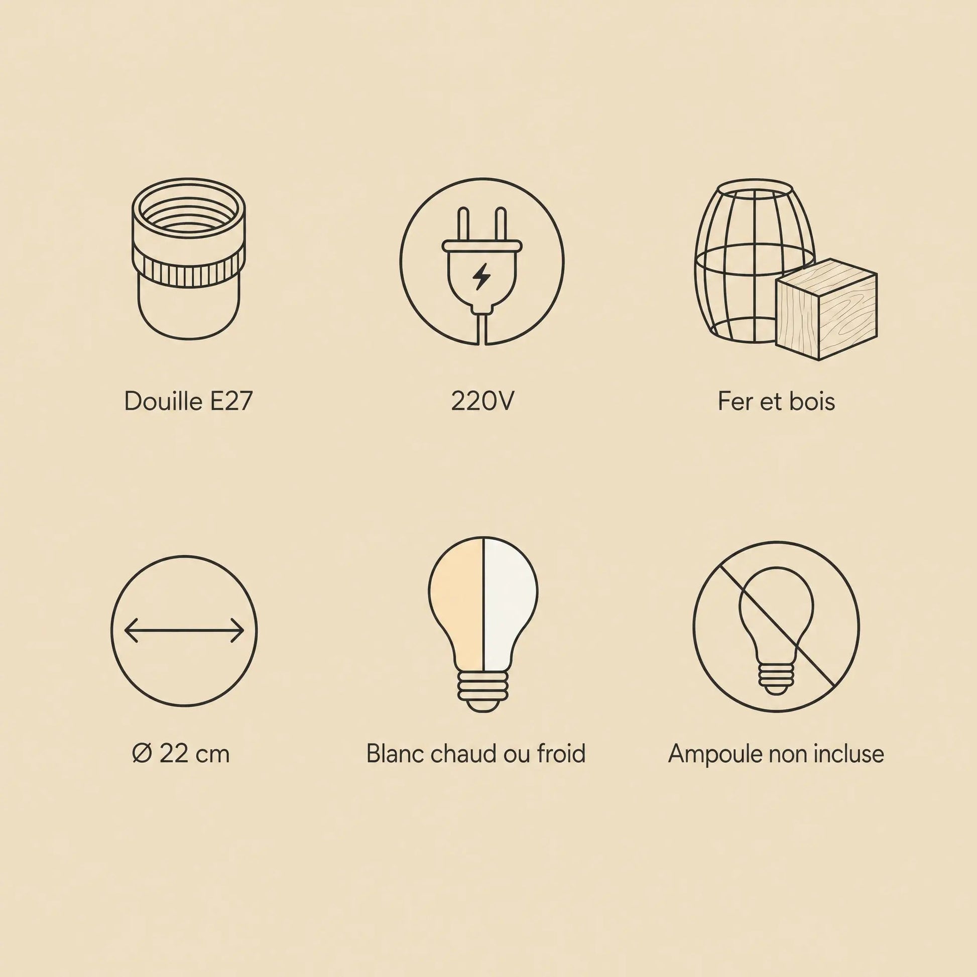 Specification chart of the Fyrra pendant light: E27 socket, 220V, iron and wood, bulb not included | Wickleigh