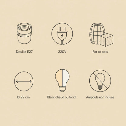 Specification chart of the Fyrra pendant light: E27 socket, 220V, iron and wood, bulb not included | Wickleigh
