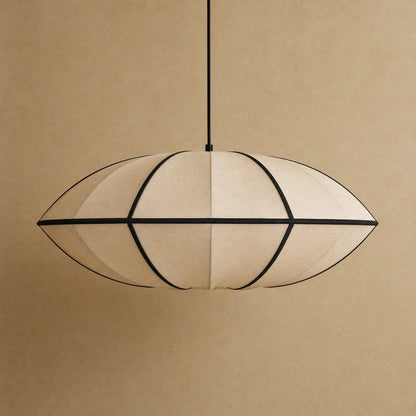 Arnell Japanese silk pendant light, Beige Saucer model, packshot on a warm mineral backdrop | Wickleigh