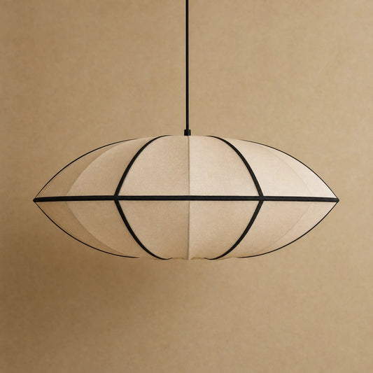Arnell Japanese silk pendant light, Beige Saucer model, packshot on a warm mineral backdrop | Wickleigh