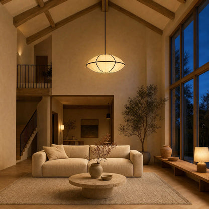 Arnell Japanese pendant light Ø 80 cm lit in a vaulted-ceiling living room at dusk | Wickleigh