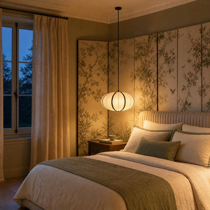 Arnell Satin Lantern Ø 50 cm lit above a nightstand in a Japanese-inspired bedroom | Wickleigh