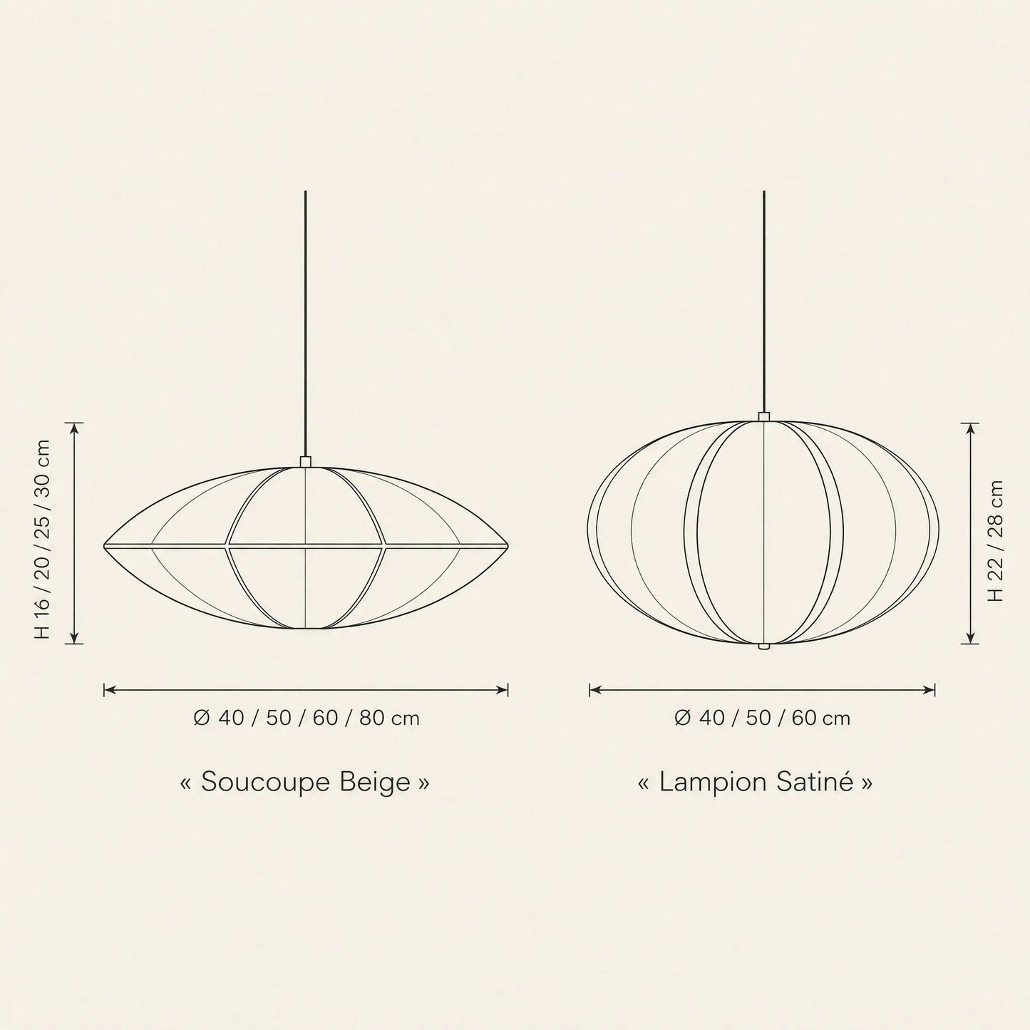 Dimension diagram of the Arnell Japanese pendant light, Beige Saucer and Satin Lantern shapes | Wickleigh