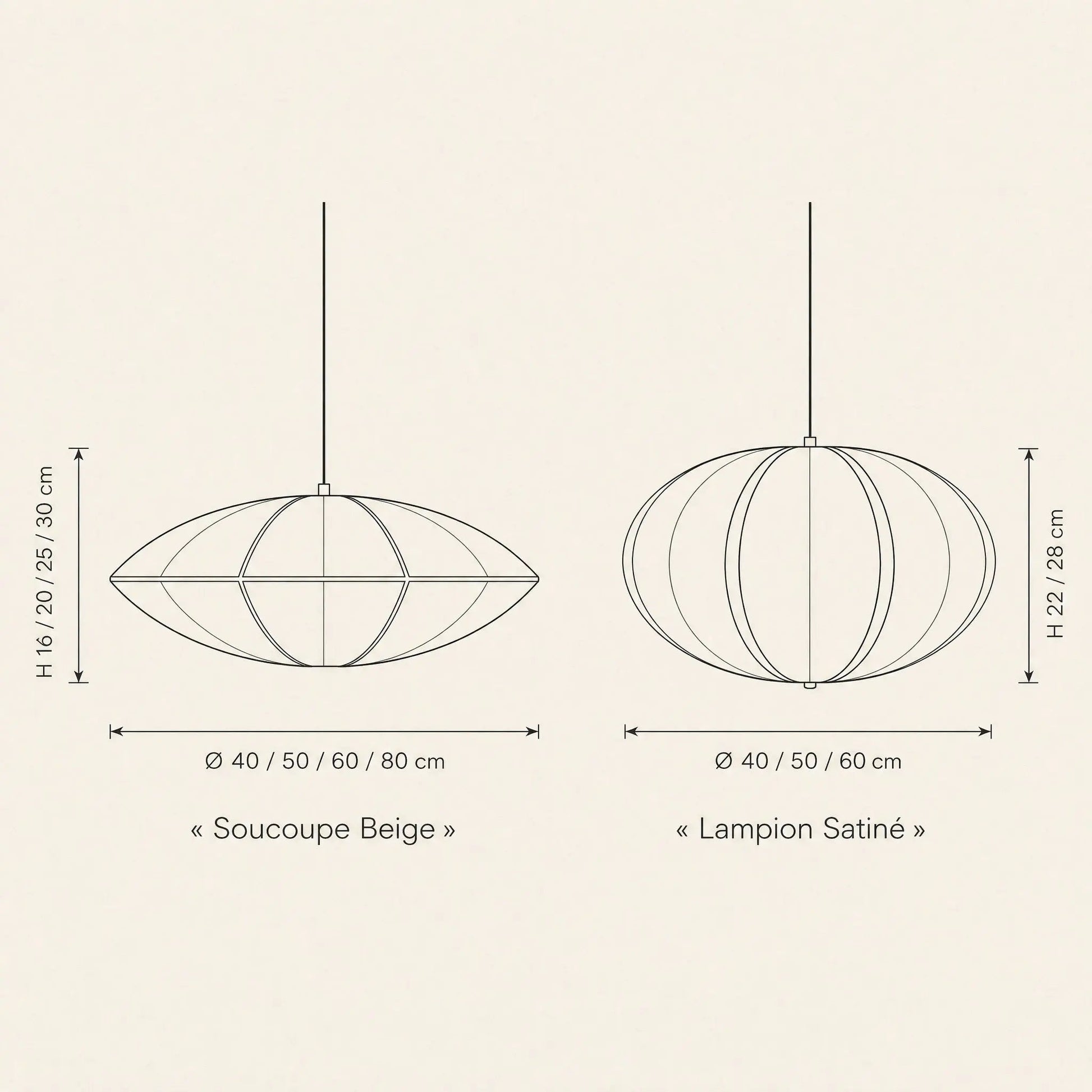 Dimension diagram of the Arnell Japanese pendant light, Beige Saucer and Satin Lantern shapes | Wickleigh