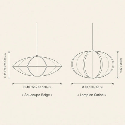 Dimension diagram of the Arnell Japanese pendant light, Beige Saucer and Satin Lantern shapes | Wickleigh