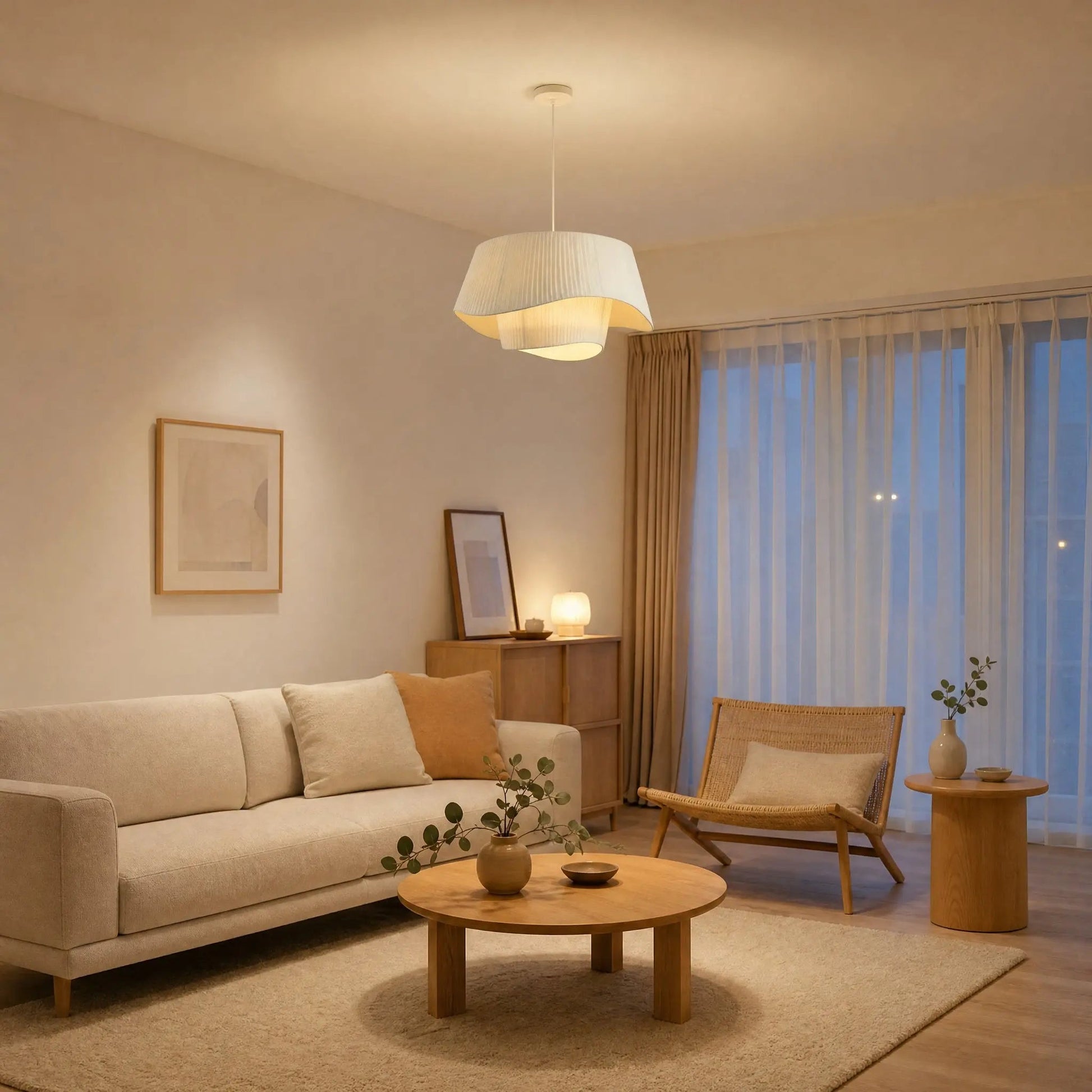 Havin linen pendant light lit in a Nordic-style sitting room at dusk | Wickleigh