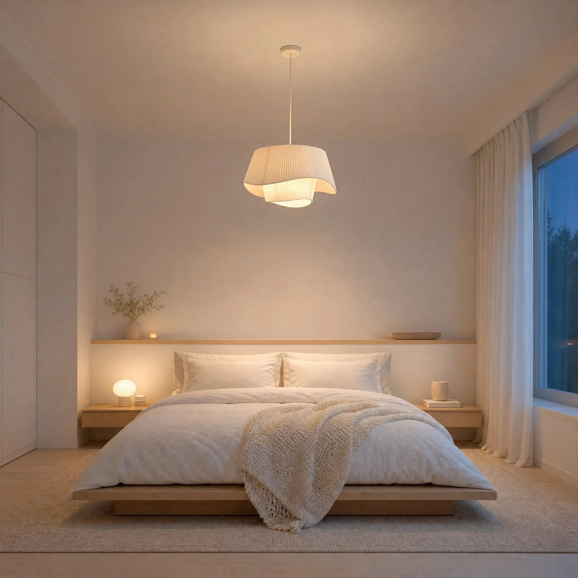 Havin linen pendant light lit above the bed in a Nordic-style bedroom | Wickleigh