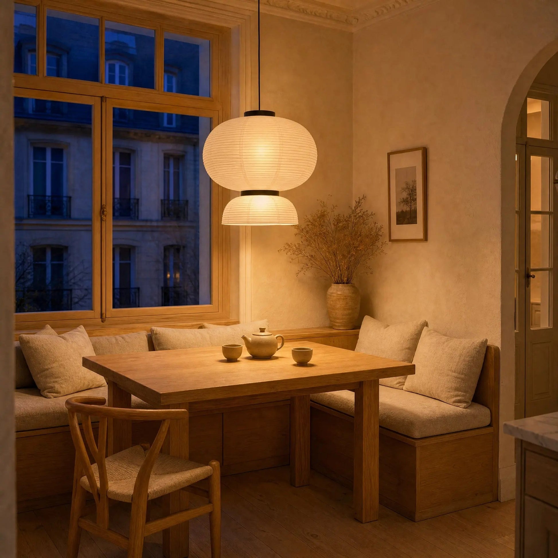 Odnell rice paper pendant light switched on above a banquette dining nook at dusk | Wickleigh