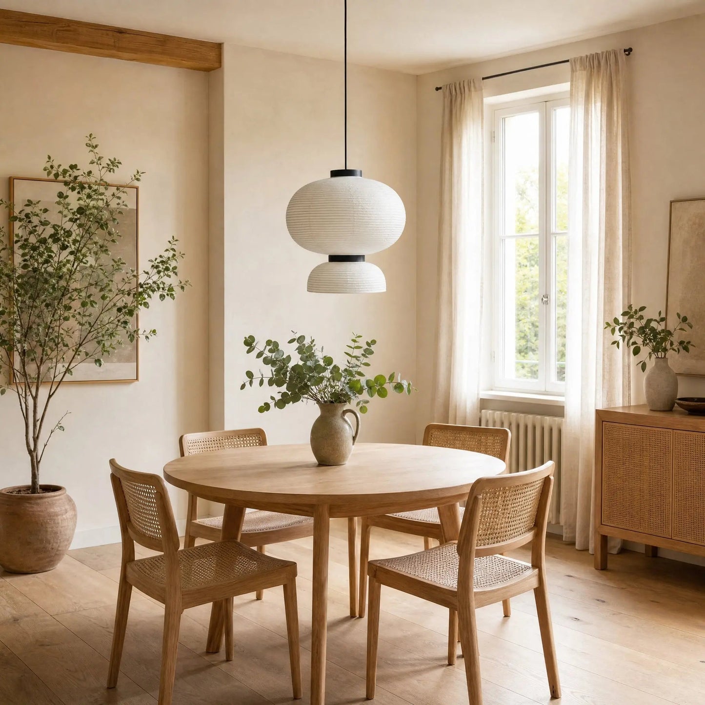 Odnell rice paper pendant light in a bright dining room by day | Wickleigh