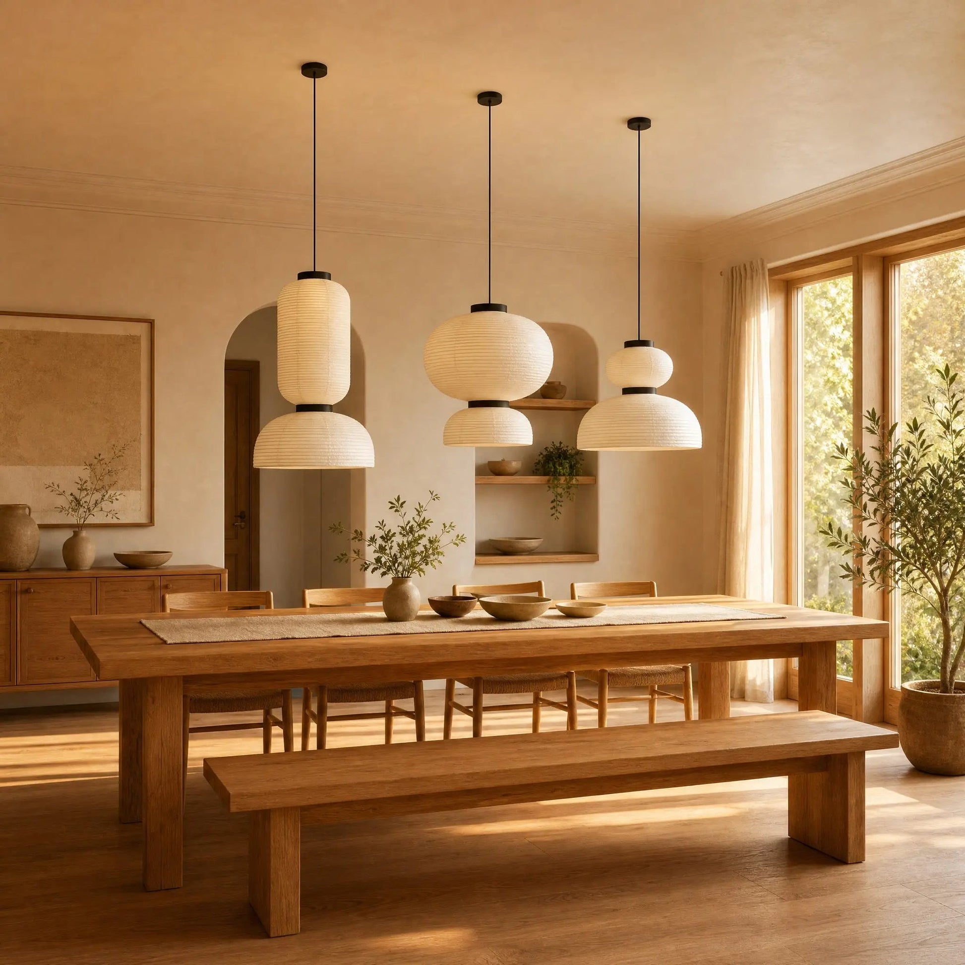 Trio of Odnell rice paper pendant lights, three silhouettes above a large table | Wickleigh