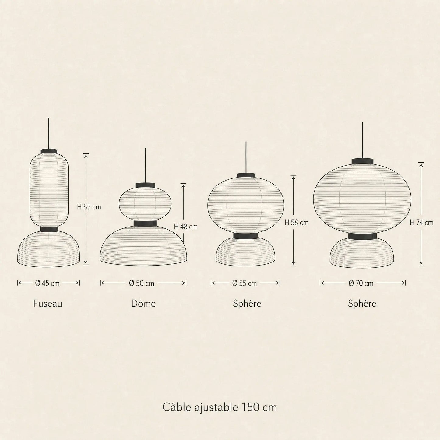 Dimension diagram of the four silhouettes of the Odnell rice paper pendant light | Wickleigh
