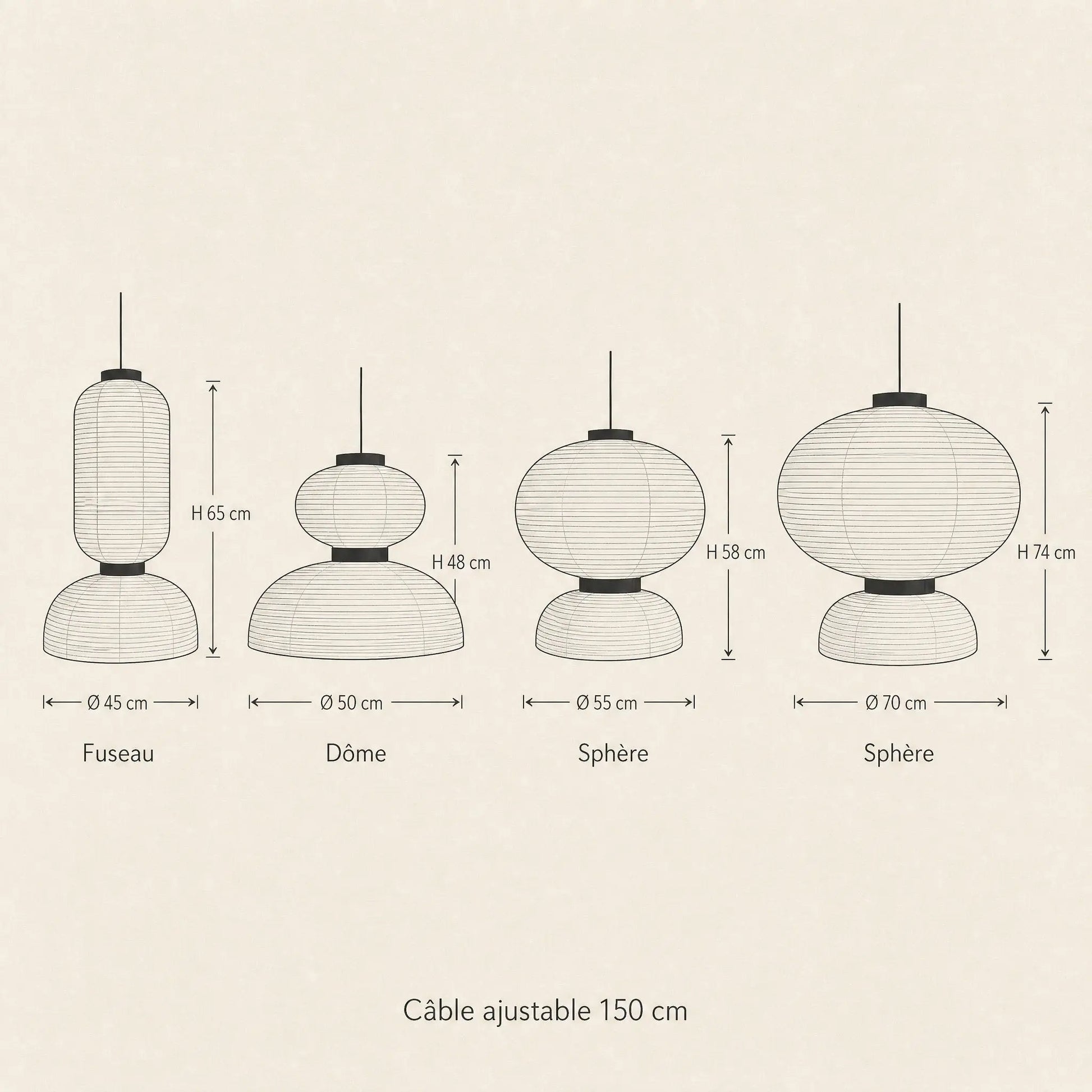 Dimension diagram of the four silhouettes of the Odnell rice paper pendant light | Wickleigh